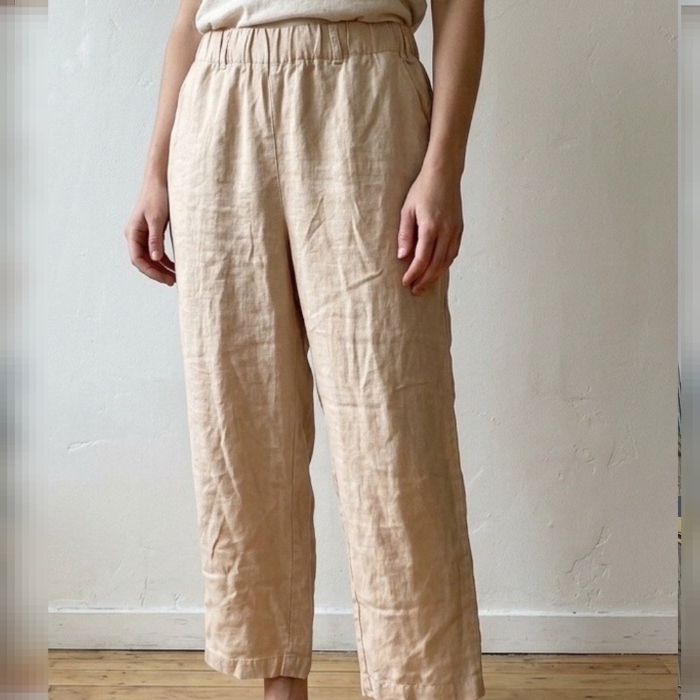 Quince European 100% Linen Pants Druftwood Elastic Waist Straight Leg S Neutral